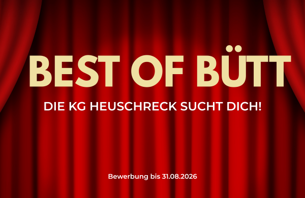 Roter Bühnenvorhang mit goldener Aufschrift Best of Bütt und Hinweis auf den Bewerbungsschluss am 31. August 2026.